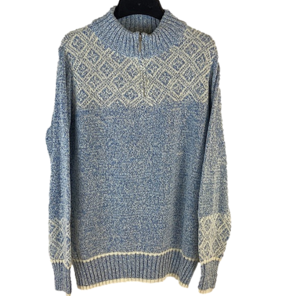 Fair Isle Sweater Baby Blue & Ivory 1/4 Zip Pullover Cotton Country Aprés Large